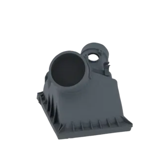 3D render of a gray automotive air intake duct with a large circular opening and a ribbed rectangular base, isolated on a whi