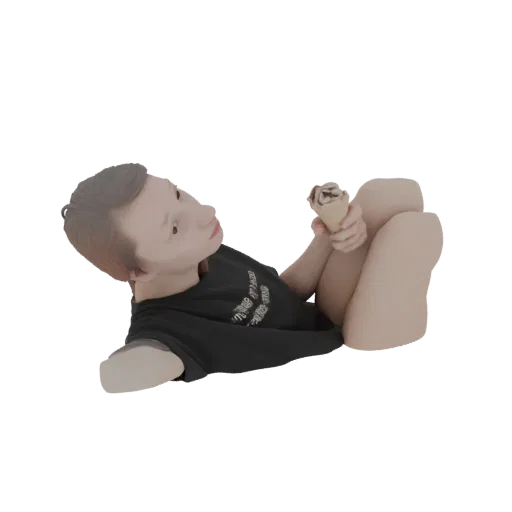 3D модель ребенка, лежащего и едящего мороженое, стилизованная под игрушку.