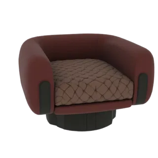 A 3D model of a modern swivel armchair with burgundy upholstery and a diamond-quilted brown cushion, set against a white back