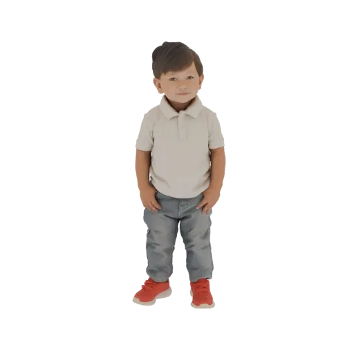3D модель мальчика, стоящего в светлой футболке-поло, джинсах и красных кроссовках.