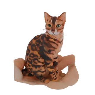 3D модель бенгальской кошки с пятнистой шерстью, сидящей на стилизованной подставке в виде руки, с зелеными глазами и белыми