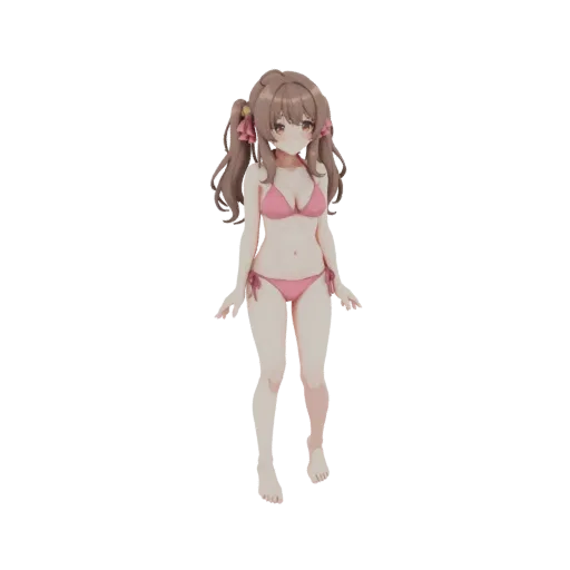 3D модель аниме девушки с каштановыми хвостиками в розовом бикини, стоящая с руками по бокам.