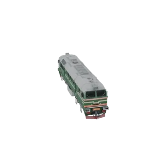 3D модель зелено-серого тепловоза М62, вид спереди слева под небольшим углом.