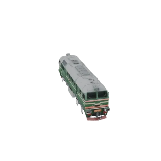 3D модель зелено-серого тепловоза М62, вид спереди слева под небольшим углом.