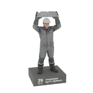 3D модель промышленного рабочего в сером комбинезоне и каске, держащего бетонную плиту над головой, стоящего на основании с т
