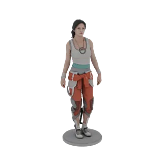 3D модель Чел из Portal 2 в оранжевом комбинезоне и белой майке, стоящая на круглой подставке.