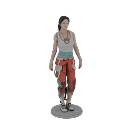 3D модель Чел из Portal 2 в оранжевом комбинезоне и белой майке, стоящая на круглой подставке.