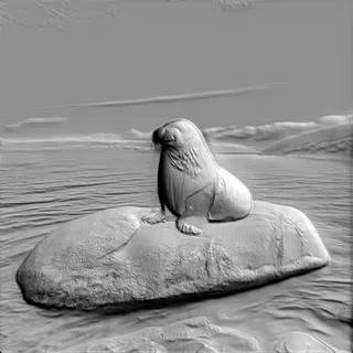 3D модель барельефа морского льва, сидящего на камне, с детализированной текстурой шерсти и камня.