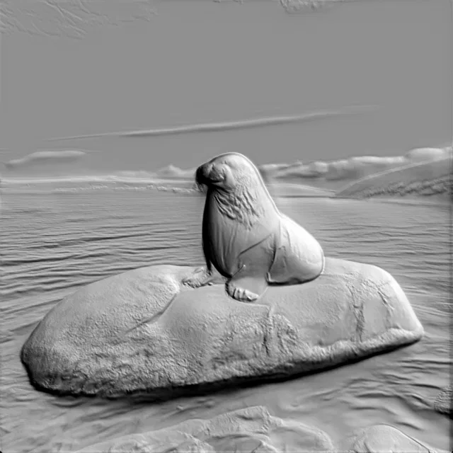 3D модель барельефа морского льва, сидящего на камне, с детализированной текстурой шерсти и камня.