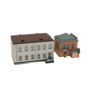 Предварительный просмотр 3D-модели двух миниатюрных зданий в европейском стиле: одно светло-бежевое с коричневой крышей, друг