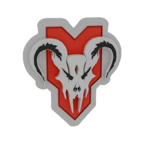 3D модель значка Хищника Apex Legends с красным щитом, белым черепом и черными рогами.
