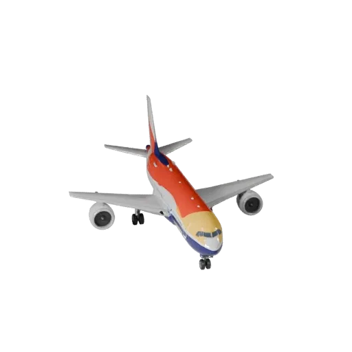 3D-модель авиалайнера в мультяшном стиле, трехчетвертной вид в студии, стилизованный объект транспортного средства с балансом