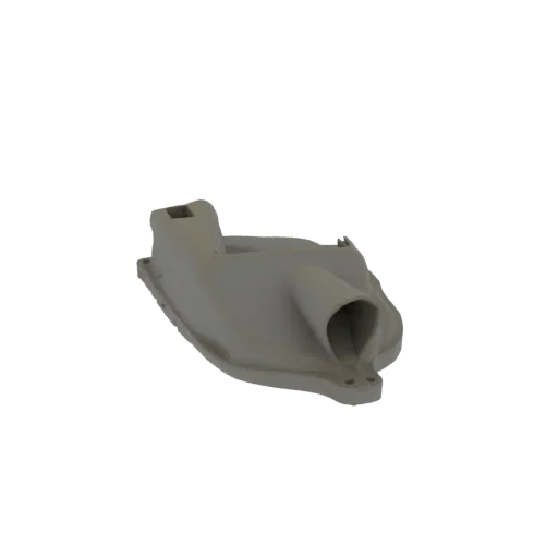 3D модель серого промышленного воздухозаборника с широким фланцем для монтажа, показанная под углом три четверти.