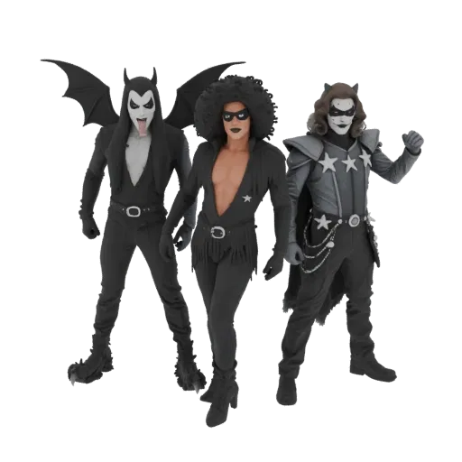3D модель трех персонажей рок-группы KISS: Демон, Звездный Странник и Космонавт, стоящих в героических позах.