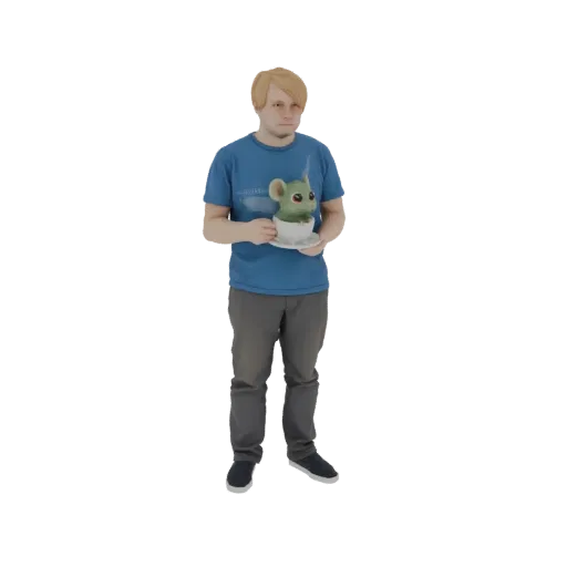 3D модель мужчины со светлыми волосами в синей футболке и серых штанах, держащего белую чашку с маленьким зеленым милым сущес