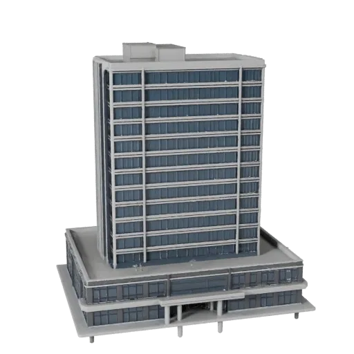 Печатная STL 3D-модель здания офиса из стекла, изометрический вид, показывающий материалы коммерческого офисного здания и арх