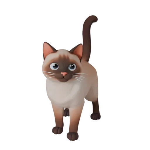 Мультяшная 3D-модель сиамского кота, вид сбоку, стилизованный ассет животного с подушечками усов, скольжением плеча, изгибом