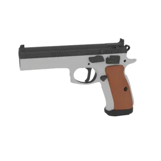 3D рендер пистолета CZ 75 TS 9mm со светло-серым корпусом, темно-серым затвором и текстурированными коричневыми накладками ру