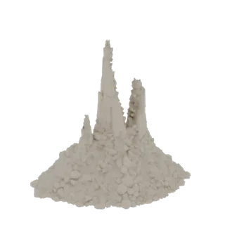 3D модель группы острых, зубчатых скальных шпилей с основанием из щебня, в нейтральной каменной текстуре.
