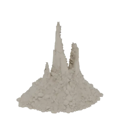 3D модель группы острых, зубчатых скальных шпилей с основанием из щебня, в нейтральной каменной текстуре.