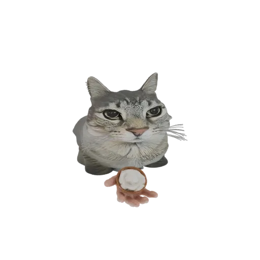 3D модель серого полосатого кота, сидящего и предлагающего миску мороженого лапой.
