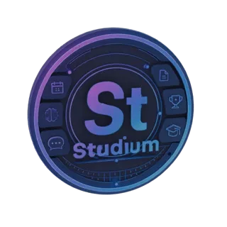 3D-рендер монеты Studium, круглый металлический знак с фиолетово-синим градиентом, с образовательными иконками, такими как мо