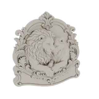 3D model of a bas-relief wall decor featuring a lion and lioness in a close embrace, surrounded by ornate foliage and a decor