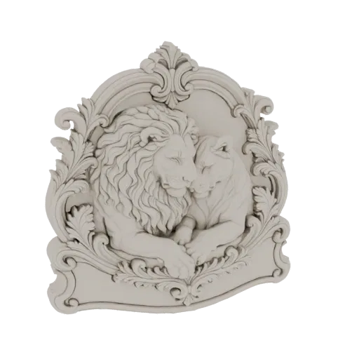 3D model of a bas-relief wall decor featuring a lion and lioness in a close embrace, surrounded by ornate foliage and a decor