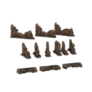 Коллекция 3D-моделей, изображающих секции разрушенных кирпичных зданий и основания, подходящие для диорам.