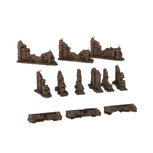 Коллекция 3D-моделей, изображающих секции разрушенных кирпичных зданий и основания, подходящие для диорам.