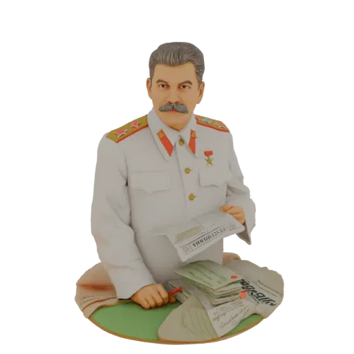 Рендер 3D модели бюста Иосифа Сталина в военной форме, держащего документы на столе.