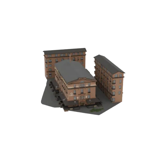 3D модель европейского городского квартала с несколькими взаимосвязанными зданиями в классическом архитектурном стиле.