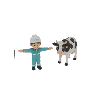 3D модель мультяшного фермера в бирюзовом комбинезоне и каске рядом с черно-белой коровой.