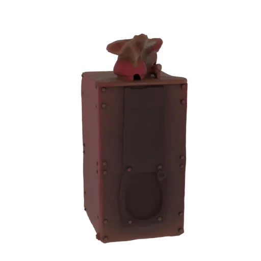 3D model of a steampunk lantern with a dragon figurine on top, featuring a dark red, riveted body and a circular front panel.