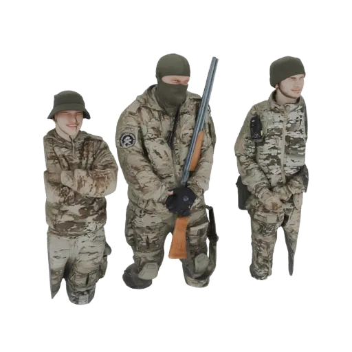 3D модель трех солдат в камуфляже, один с винтовкой, на белом фоне.