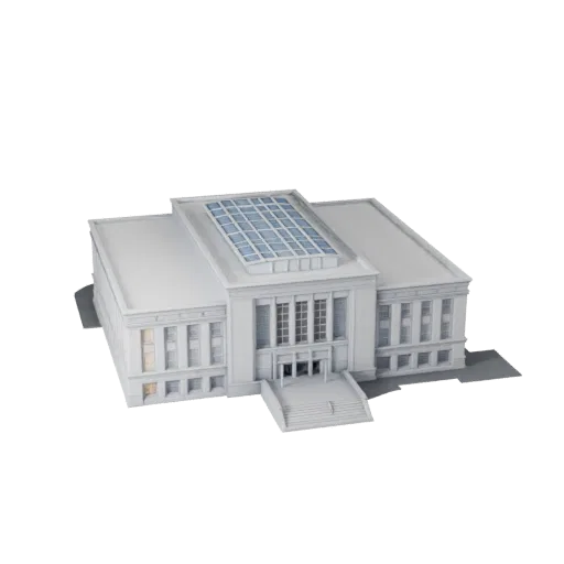 Печатная 3D-модель Конференц-центра STL, изометрический вид, показывающий материалы общедоступного здания и архитектурные дет