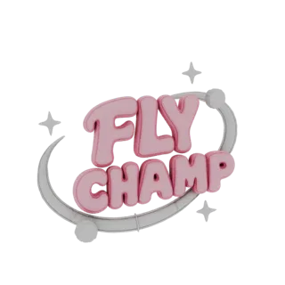 3D рендер текстового логотипа "FLY CHAMP" в розовом цвете, с серым орбитальным кольцом и сверкающими звездными акцентами.