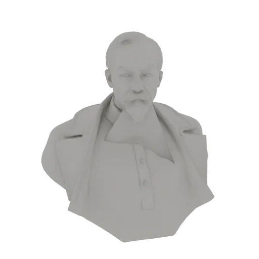 Рендер 3D-модели классического бюста джентльмена с усами, в высоком воротнике и формальной одежде.