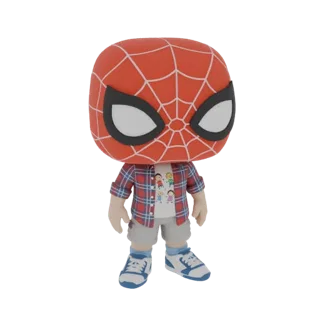 3D-модель Человека-паука в повседневном стиле Funko Pop, в клетчатой рубашке и шортах, с культовой красной маской.