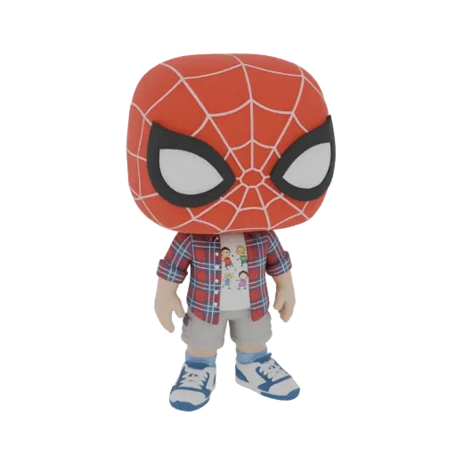3D-модель Человека-паука в повседневном стиле Funko Pop, в клетчатой рубашке и шортах, с культовой красной маской.