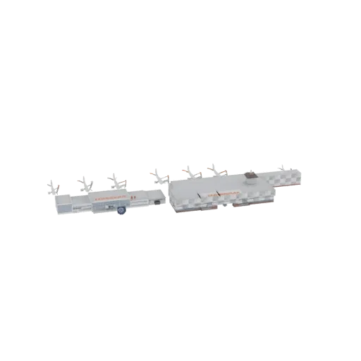 3D модель современного здания терминала аэропорта с припаркованным рядом буксировщиком багажа, демонстрирующая современную ар