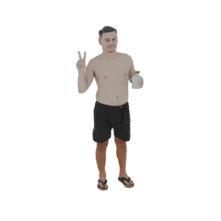 3D модель мужчины без рубашки в черных плавках, держащего белую бутылку и показывающего знак мира левой рукой.
