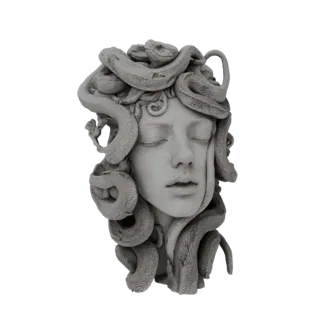 3D модель головы Медузы с закрытыми глазами и волосами из переплетенных змей, с текстурой под камень.