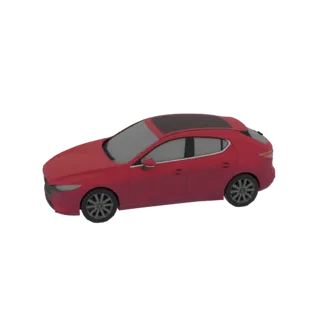 3D модель красного хэтчбека Mazda 3, вид с трехчетвертного ракурса на белом фоне.