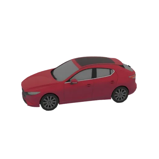 3D модель красного хэтчбека Mazda 3, вид с трехчетвертного ракурса на белом фоне.