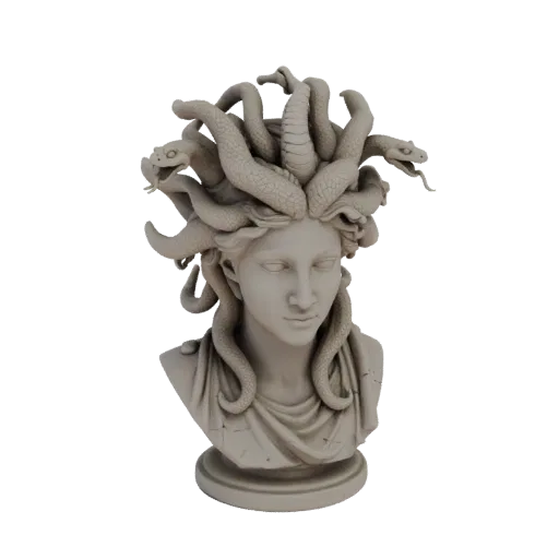 3D модель бюста Медузы Горгоны со змеями вместо волос и треснувшим каменным основанием.