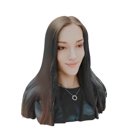 AI-сгенерированный 3D-бюст молодой женщины с длинными темными волосами, в серебряном ожерелье и черном топе.