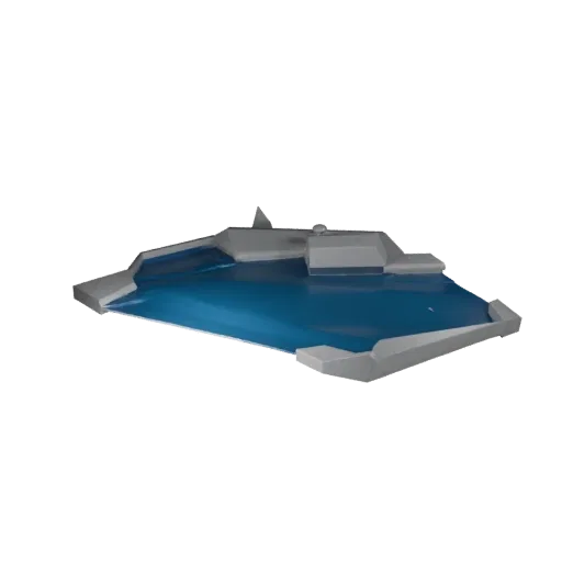 Низкополигональная 3D-модель затопленной улицы, вид в игровом окне с трехчетвертной перспективы, показывающий мокрый камень,