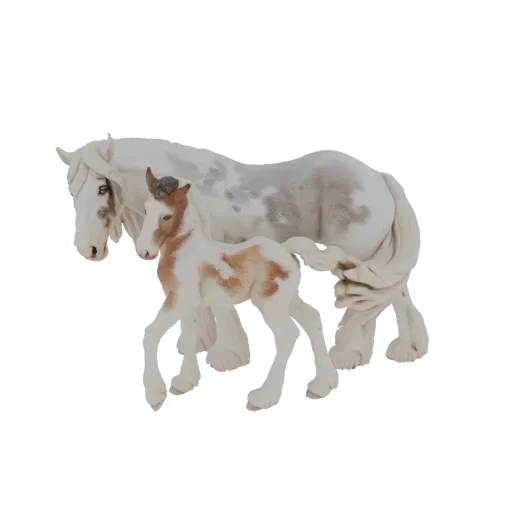3D модель пегой кобылы, стоящей за каштаново-белым жеребенком.