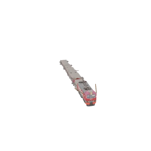 3D модель красного электровоза, тянущего несколько серых вагонов-платформ на белом фоне.